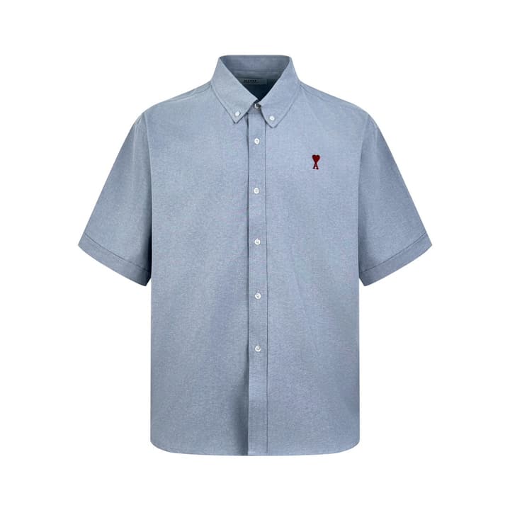 Ami Paris Heart Embroidered Boxy Oxford Shirt in Grey Blue