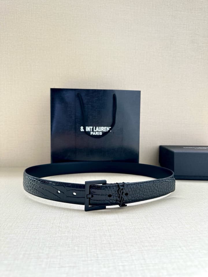 Saint Laurent Monogram Crocodile Embossed Leather Narrow Belt