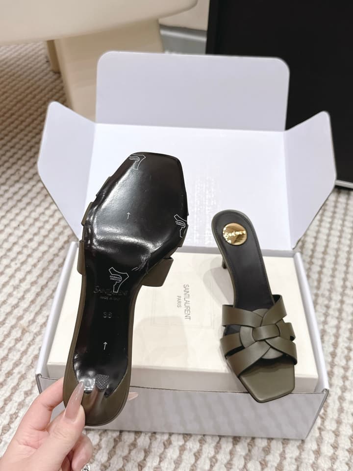 Saint Laurent Melody Square-Toe Heeled Sandals – 2026 Spring/Summer Collection in Beige Patent