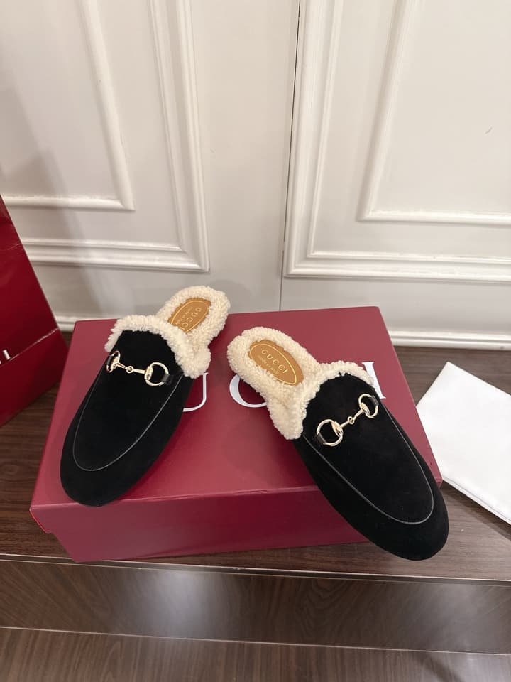 Gucci Princetown Merino Wool Mules in Black Suede With Silver Hardware