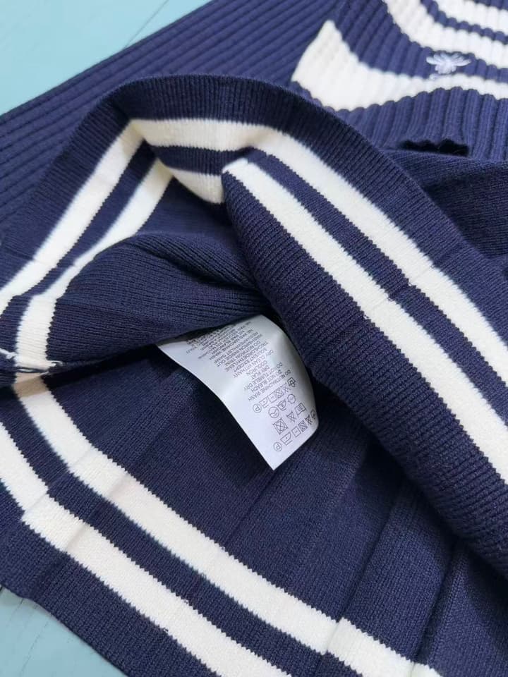Dior Girls' Knit Cardigan and Skirt Set – 2025SS in Navy Blue With White Stripe