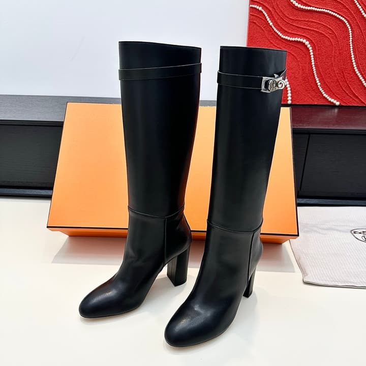 Hermès Kelly Buckle High Heel Knee-High Boots in Black Leather