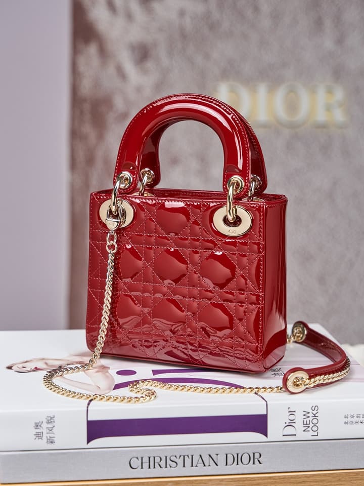Dior Lady Dior Mini Patent Crossbody Bag in Cherry Red Patent
