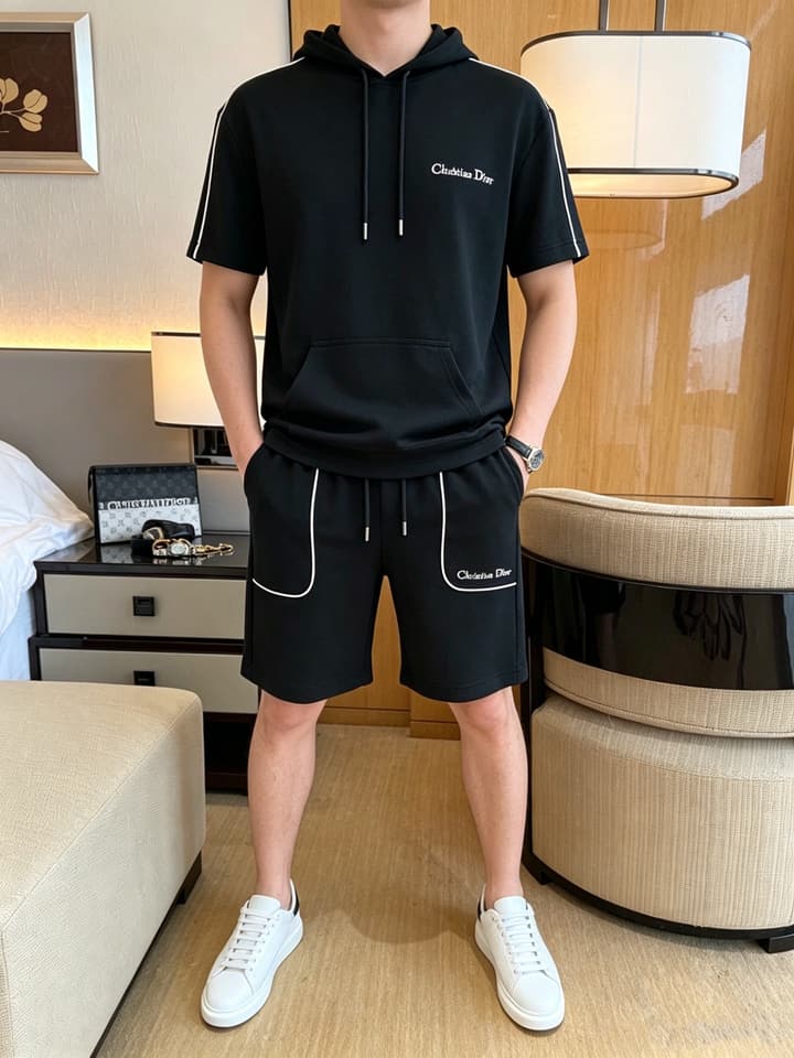 Dior Classic Air Layer T-Shirt and Shorts Set – 2026 Summer Collection in Black Crewneck Oblique Stripe