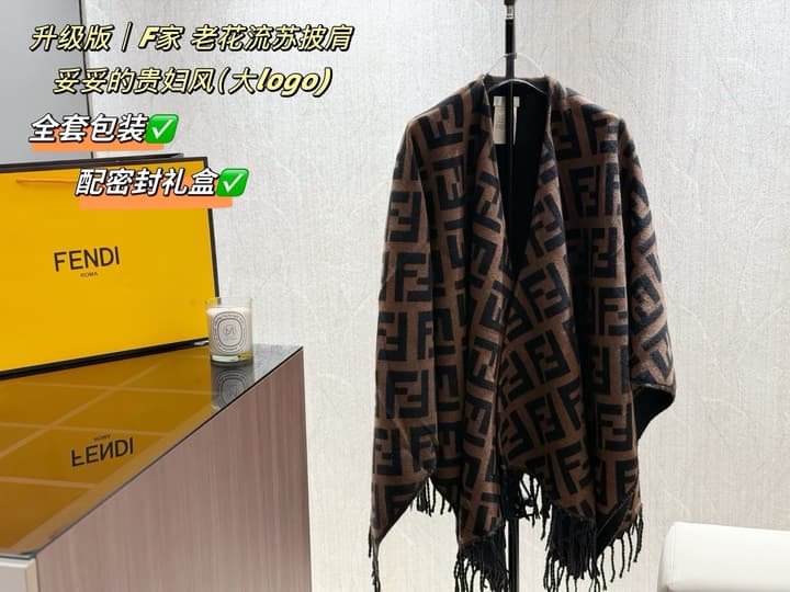 Fendi Monogram Cashmere Shawl in Black And Brown Ff Logo Wrap