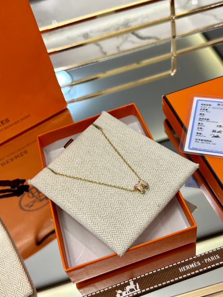 Hermès H-Letter Oval Enamel Necklace in Gold