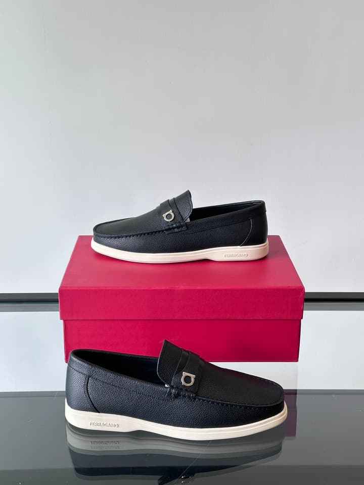 Ferragamo Men's Imported Calfskin Driving Shoes in Classic Black Leather