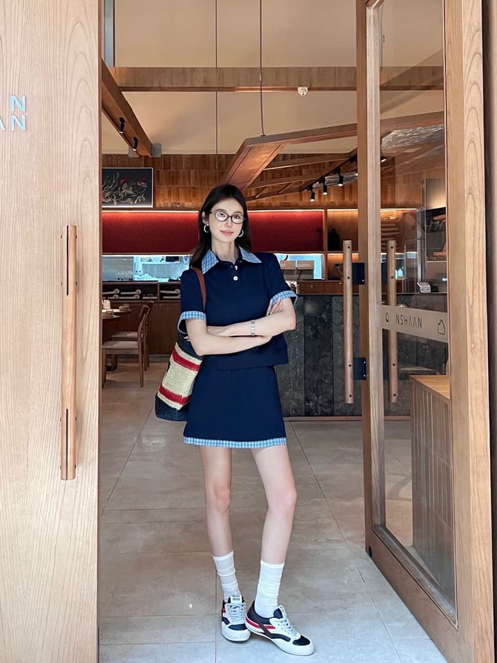Miu Miu Plaid Polo Skirt Set in Blue