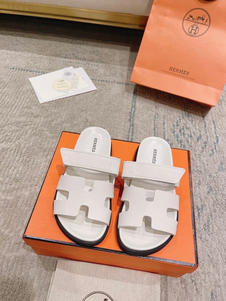 Hermès Chypre Suede Unisex Slides in Black With Dark Blue Strap