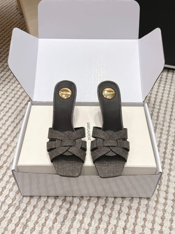 Saint Laurent Melody Square-Toe Heeled Sandals – 2026 Spring/Summer Collection in Beige Patent