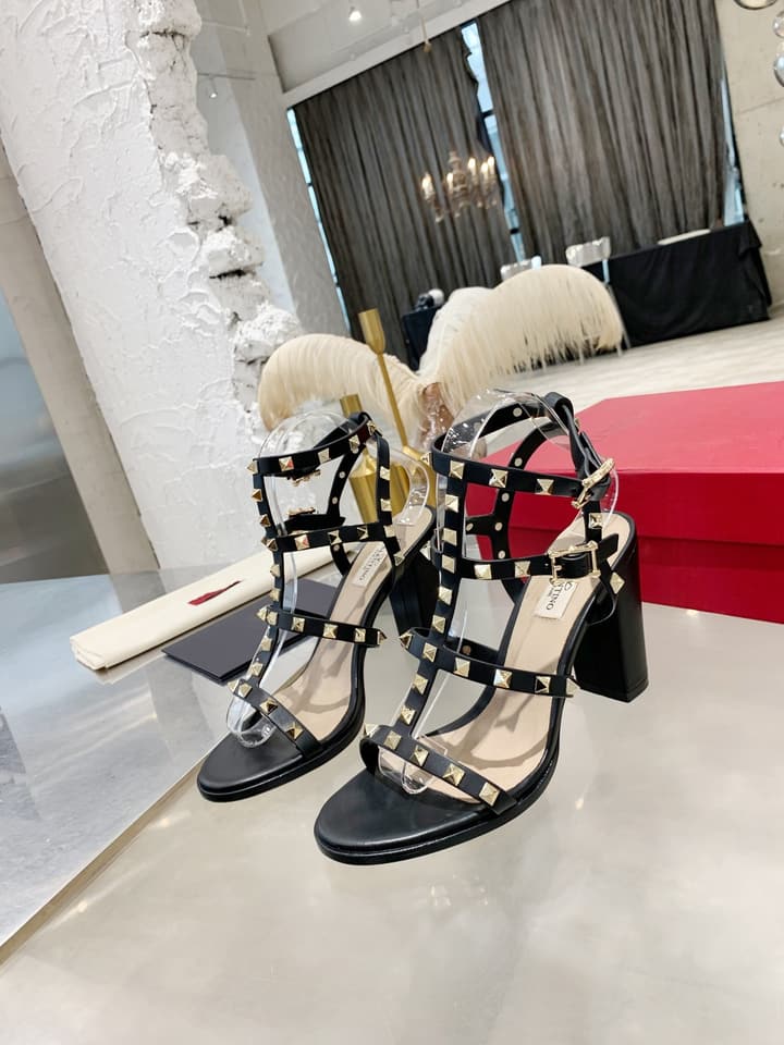 Valentino Studded Classic Block Heel Sandals in Black With Black Studs 6.5cm Heel