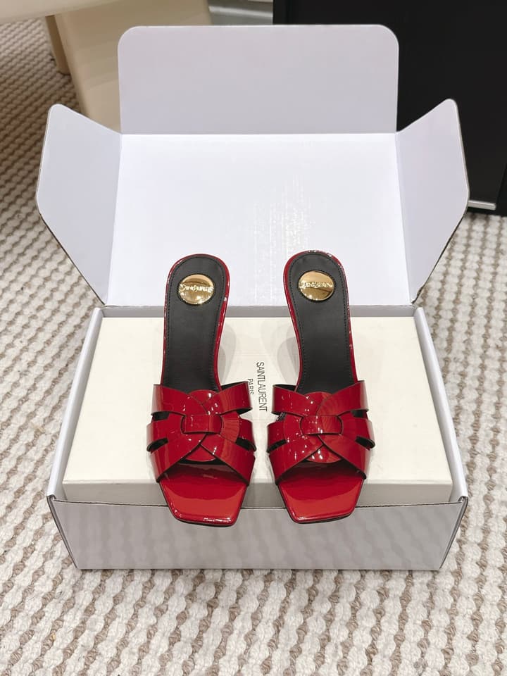 Saint Laurent Melody Square-Toe Heeled Sandals – 2026 Spring/Summer Collection in Beige Patent