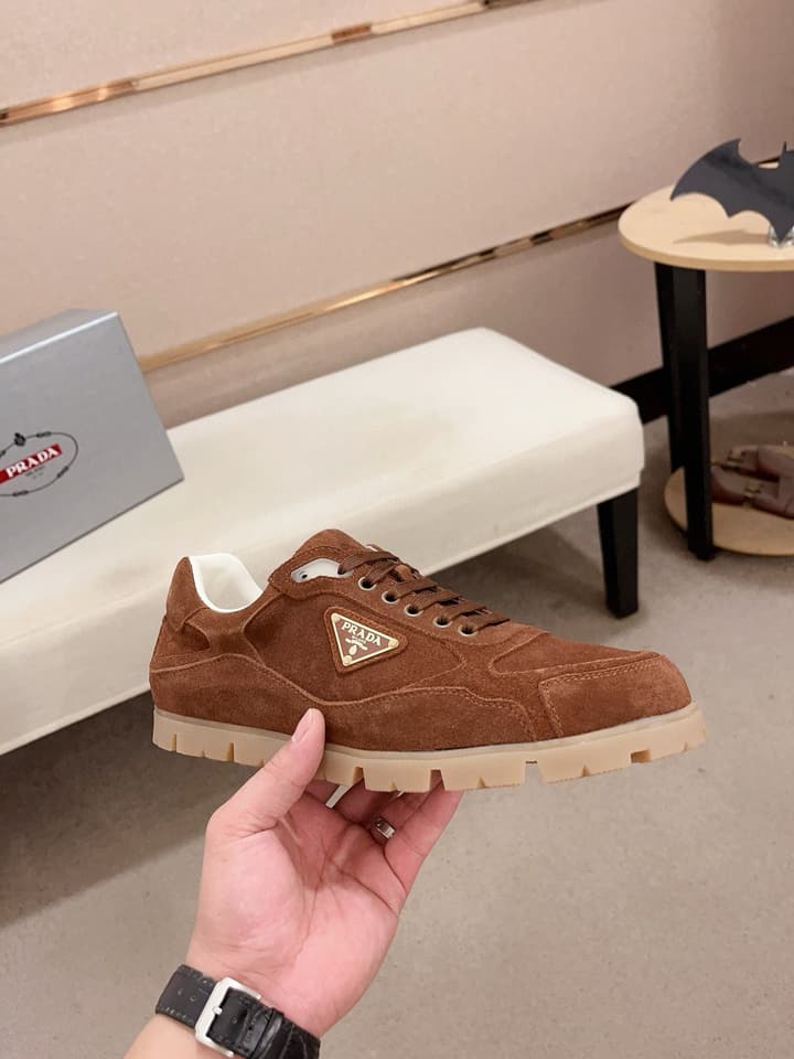 Prada Men's Air Cushion Sneakers in Beige Suede
