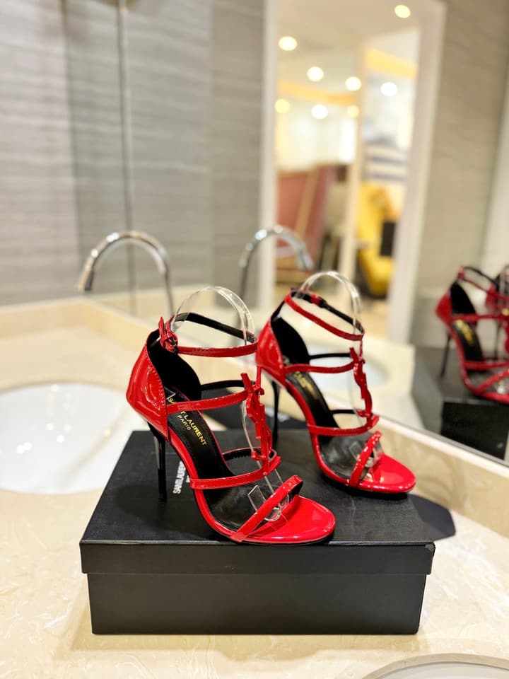 Saint Laurent YSL Logo Lacquer Heeled Sandals in Black Matte With Black Logo