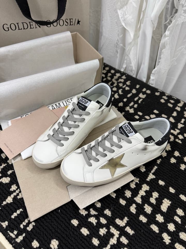 Golden Goose Super Star Rhinestone Leather Sneakers in Grey Suede Black Leather White Star