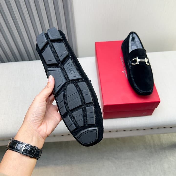 Ferragamo Imported Cowhide Fur-Lined Loafers in Black Patent Leather