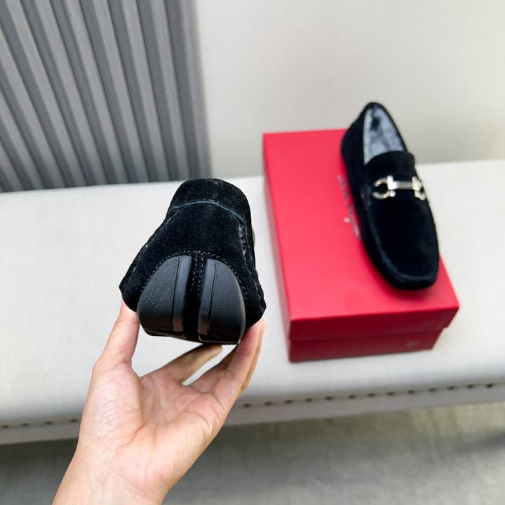 Ferragamo Imported Cowhide Fur-Lined Loafers in Black Patent Leather