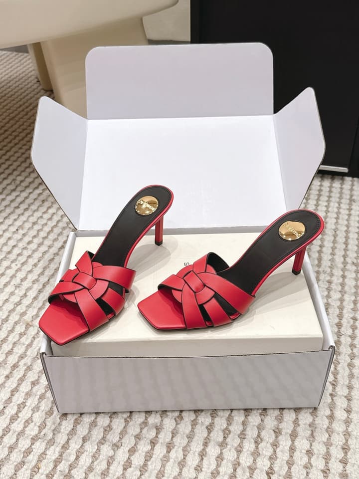 Saint Laurent Melody Square-Toe Heeled Sandals – 2026 Spring/Summer Collection in Beige Patent