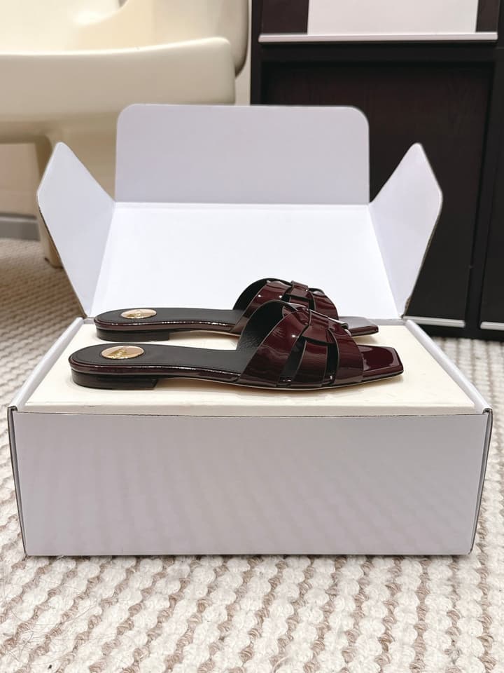 Saint Laurent Melody Square Toe Flat Sandals – 2026SS in Burgundy Patent