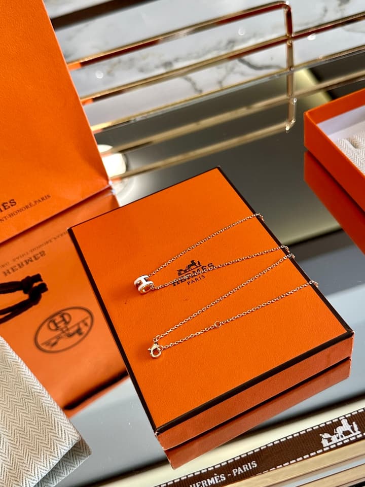 Hermès H-Letter Oval Enamel Necklace in Gold