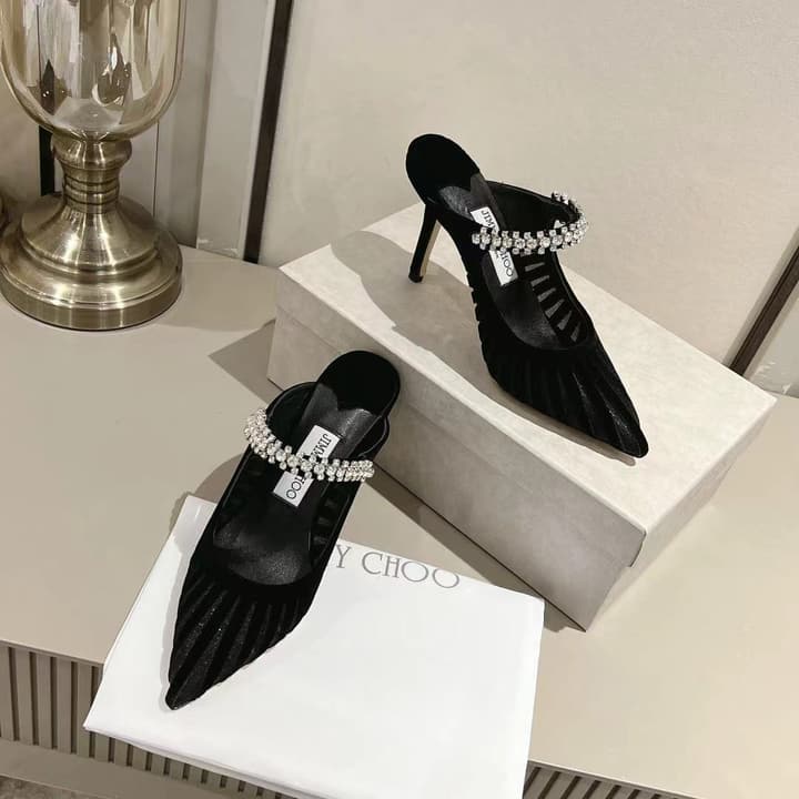 Jimmy Choo Pointed Toe Crystal Heeled Sandals – 2025 Collection in Black Suede