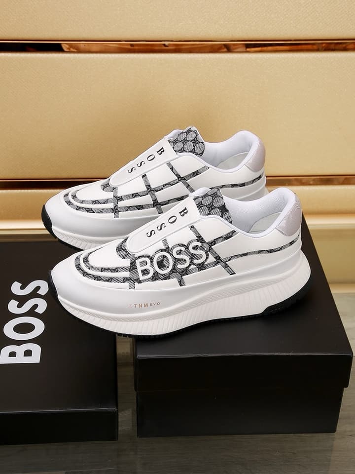 Boss New Men's Luxury Athletic Sneakers in Black With White Detail