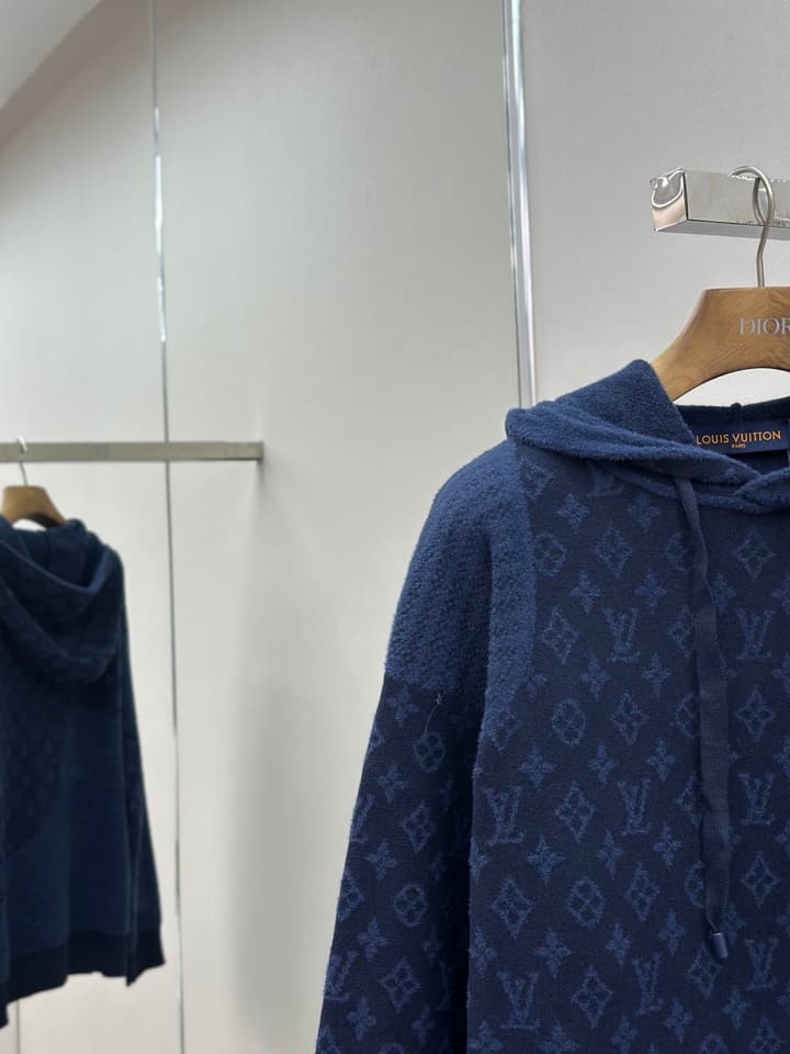Louis Vuitton Monogram Jacquard Spliced Cashmere Hoodie in Dark Navy Monogram Jacquard