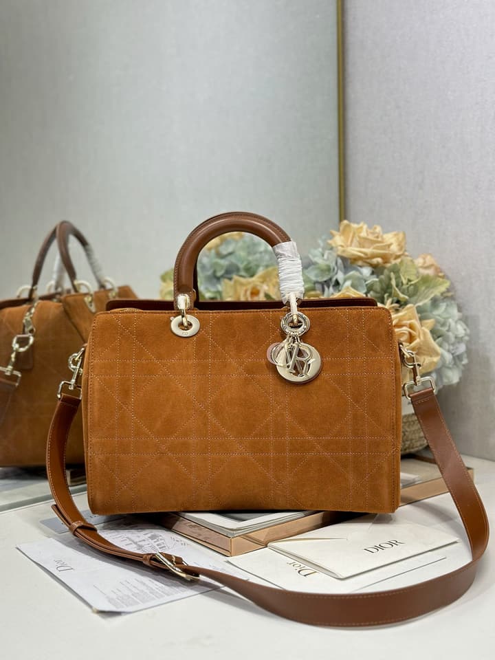 Dior Lady Dior Large Tote Bag in Brown Flocked Suede