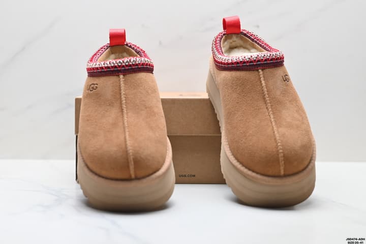 UGG Tazz Slip-On Snow Boots in Chestnut Suede With Red Trim