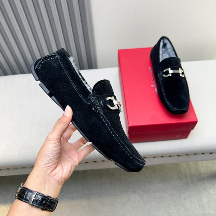 Ferragamo Imported Cowhide Fur-Lined Loafers in Black Patent Leather