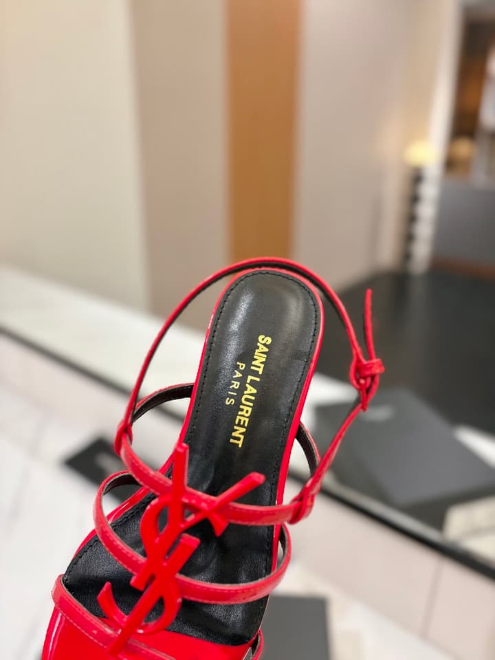 Saint Laurent YSL Metal Logo Heeled Sandals in Matte Black Criss-cross Strap Sandal