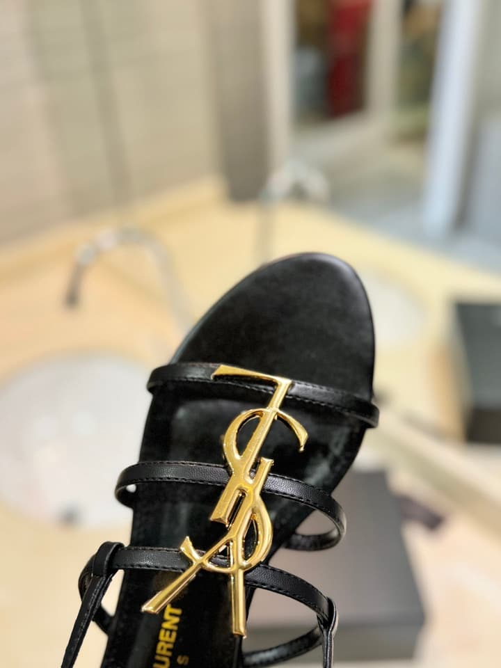Saint Laurent YSL Metal Logo Heeled Sandals in Matte Black Criss-cross Strap Sandal