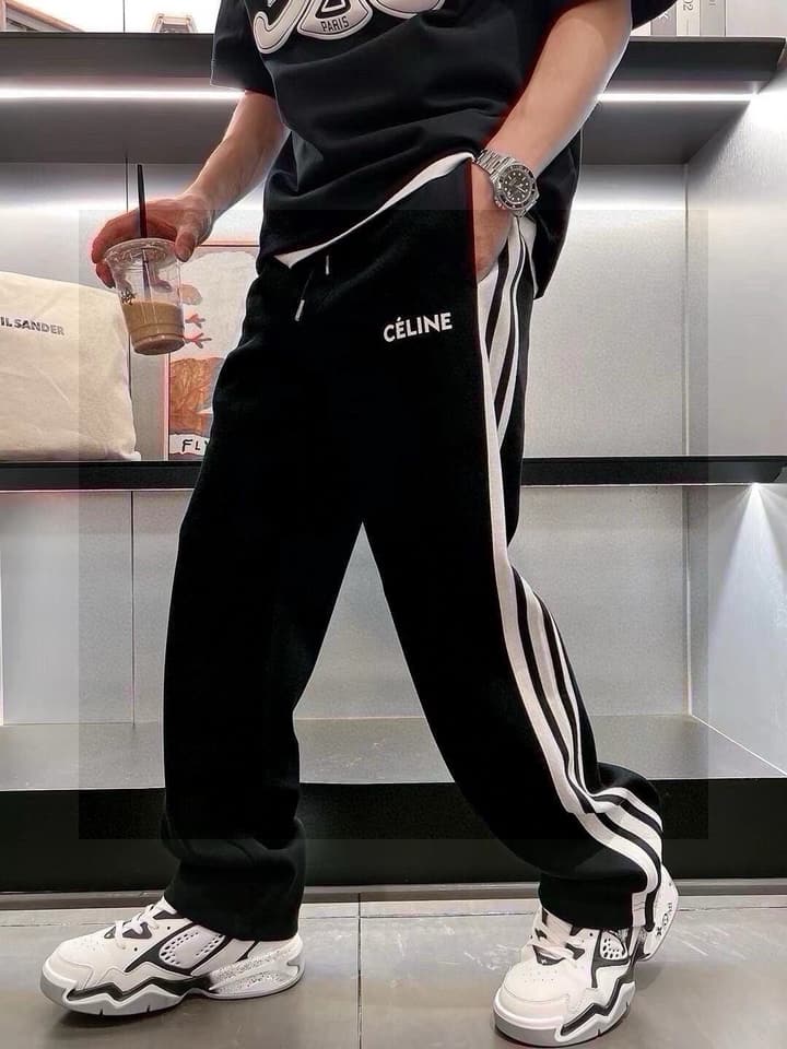 Celine Side-Striped Logo Drawstring Pants – 23SS in Black With White Side Stripes