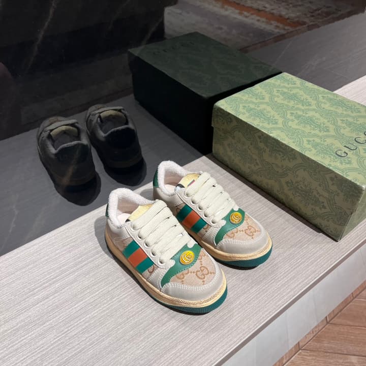 Gucci Rhyton Distressed Kids' Sneakers – Kids Collection – 2023SS in Cream With Blue Flower Design