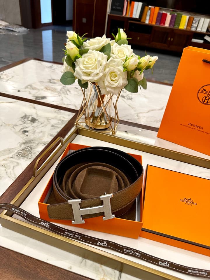 Hermès Textured Leather Belt in Brown Textured Leather With Silver Buckle
