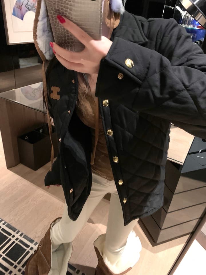 Celine Triomphe Custom Metal Button Puffer Jacket in Black Quilted Jacket