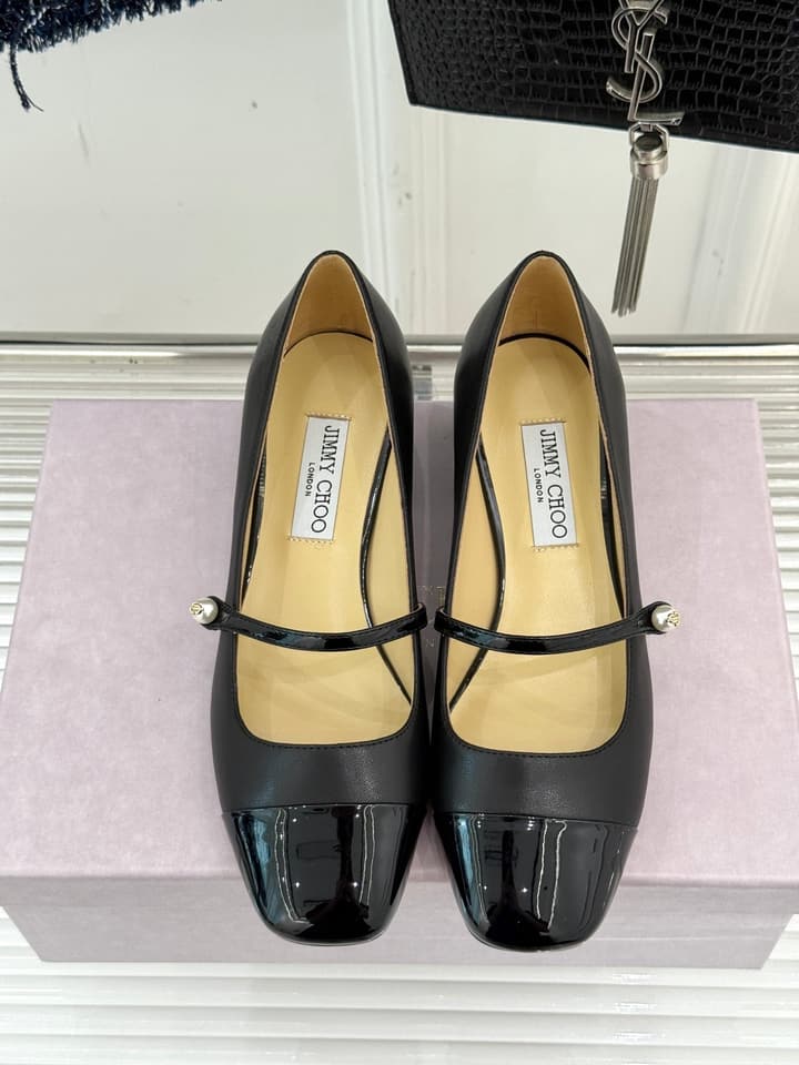 Jimmy Choo Color-block Pearl Mary Jane Heels – 25FW in Black Bow Detail