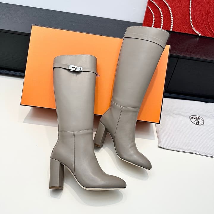 Hermès Kelly Buckle High Heel Knee-High Boots in Black Leather