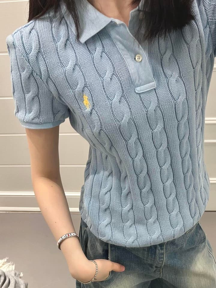 Ralph Lauren Pony Embroidered Cable-Knit Polo Shirt in Baby Blue