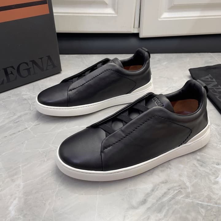 Zegna Triple Stitch Low-Top Sneakers in Navy Blue