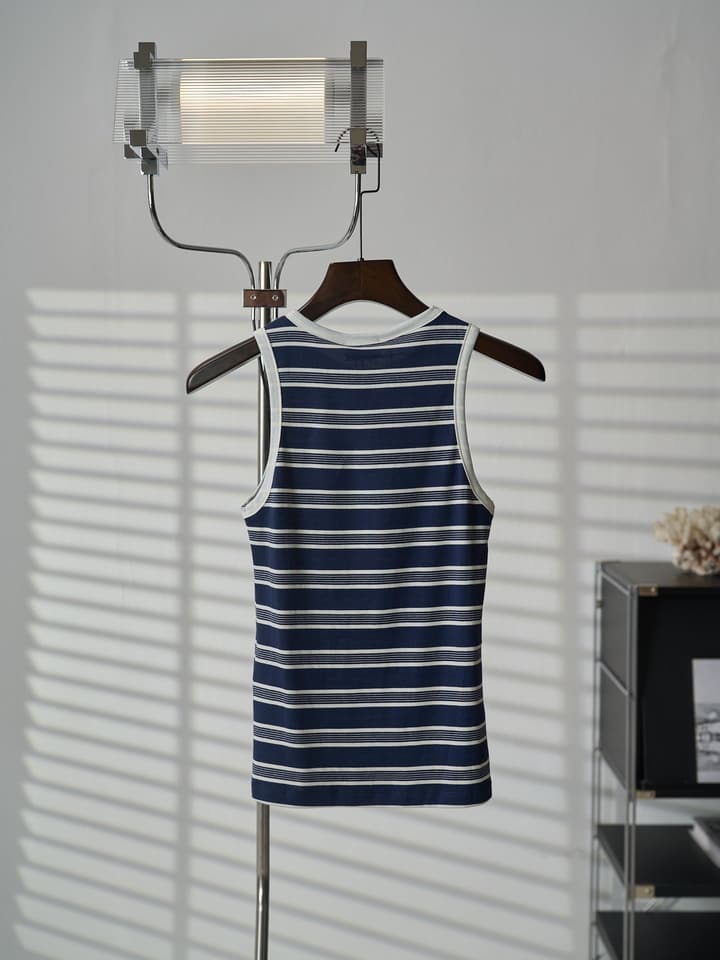Saint Laurent YSL Embroidered Striped Tank Top in Navy Blue