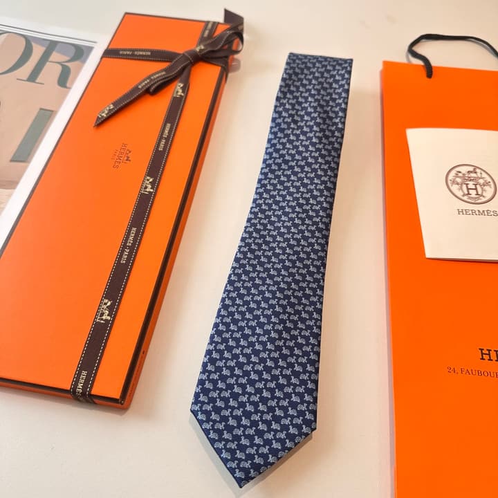 Hermès Animal Series Men's Silk Tie in Blue With Pink Pattern