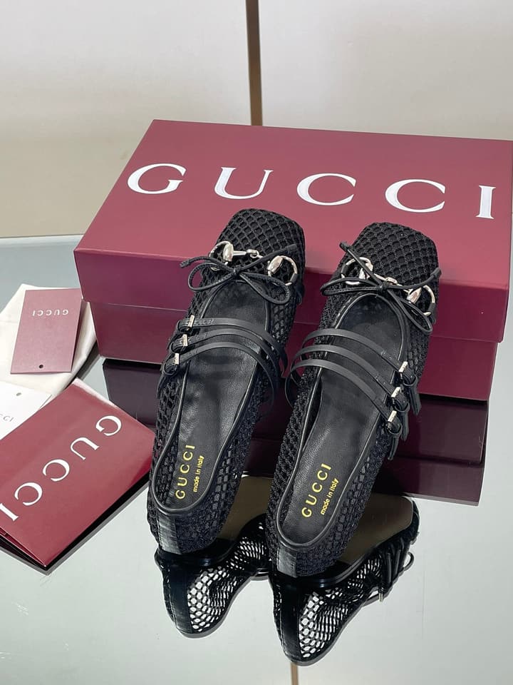 Gucci Horsebit Mesh Square-Toe Ballerina Flats – 25FW in Black Mesh