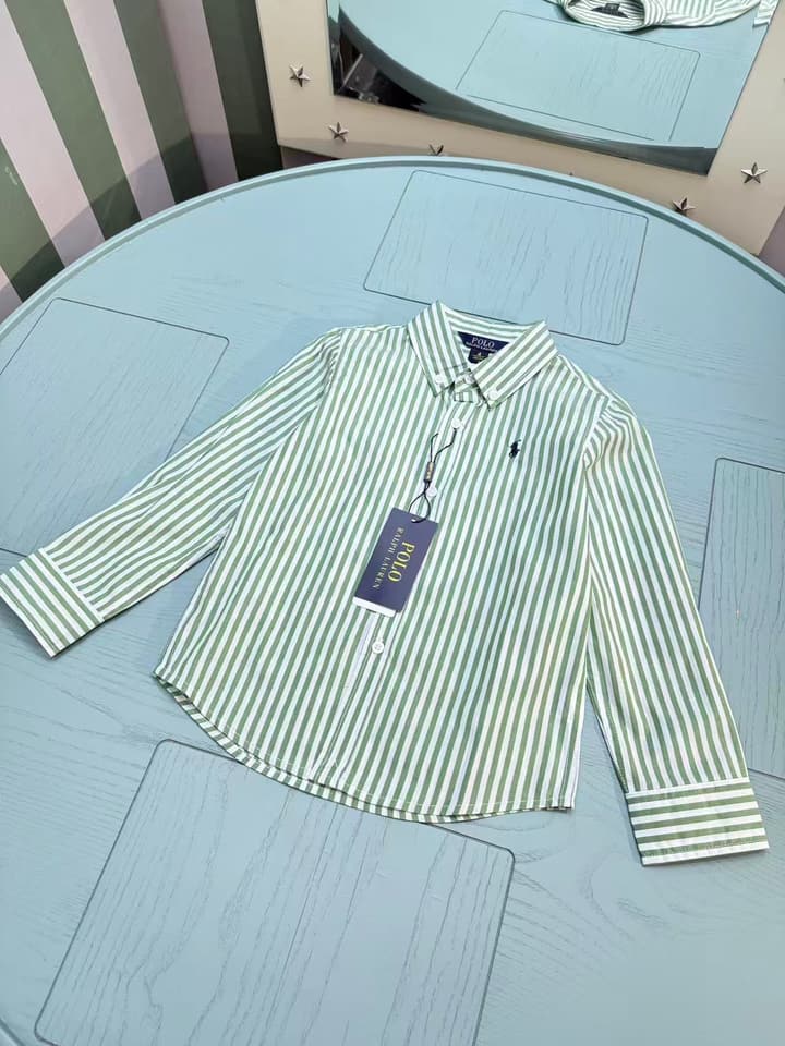 Ralph Lauren Classic Embroidered Logo Shirt – Kids Collection – 2025SS in White And Sage Green Stripe