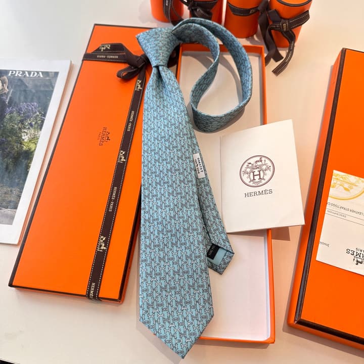 Hermès Men's Printed Silk Tie Series in Light Aqua Patterned