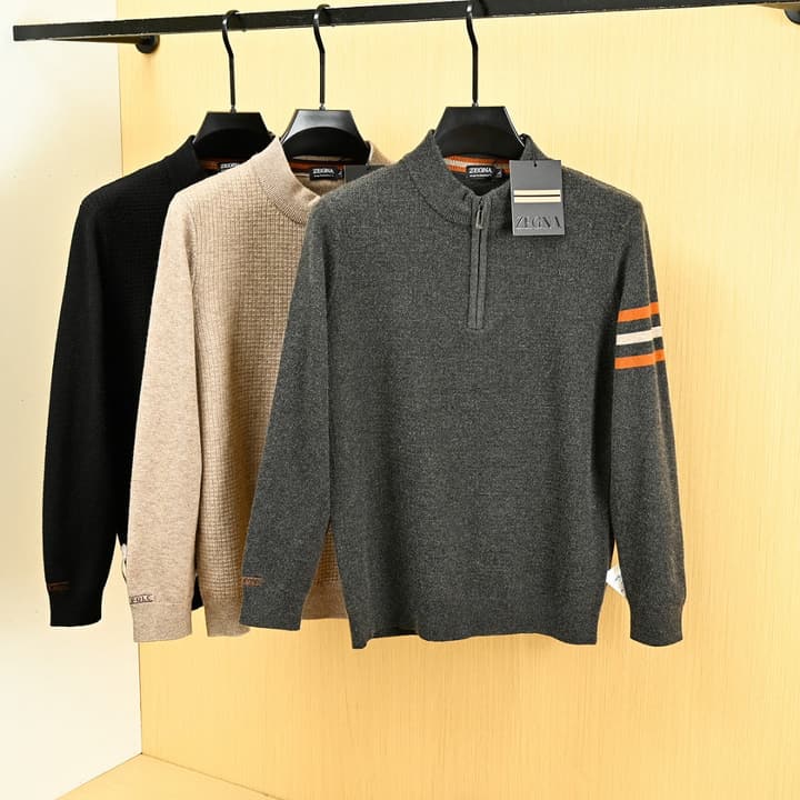 Zegna Men's Half-Zip Stand-Collar Sweater – 25FW in Camel Taupe