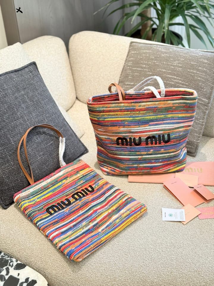 Miu Miu Rainbow Knit Crochet Tote Bag in Multi-Color Rainbow Knit