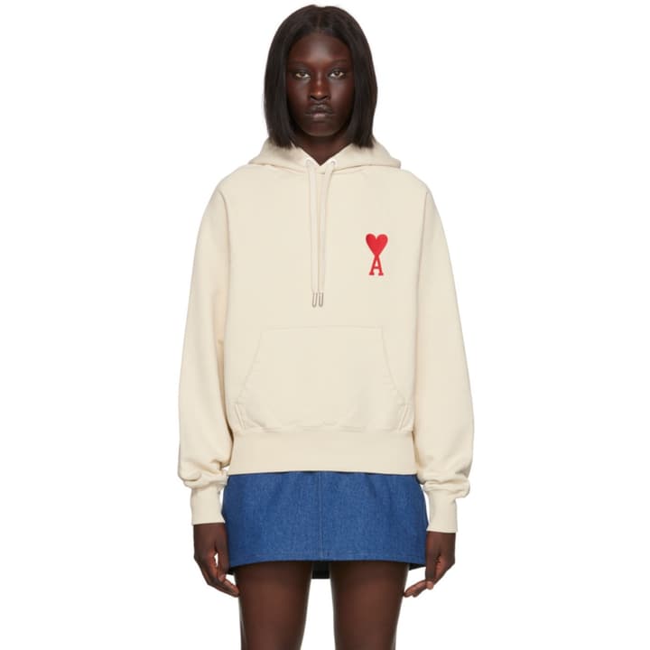 Ami Paris Ami De Coeur Heart Embroidery Hoodie in Beige