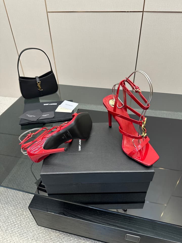 Saint Laurent Patent Leather Heeled Sandals in Bright Amber