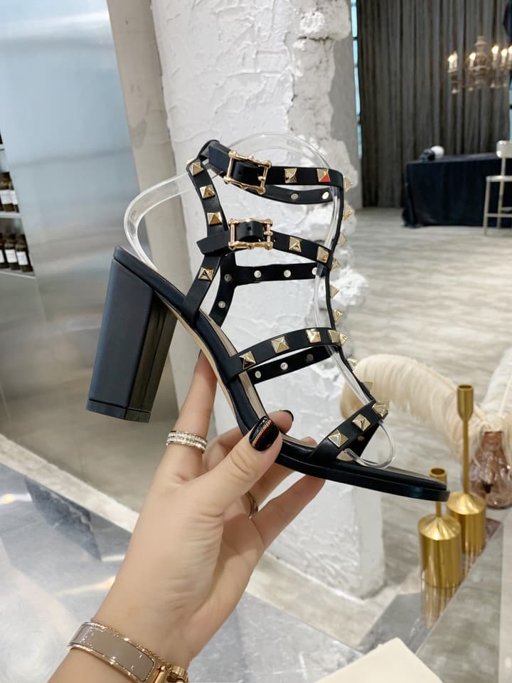 Valentino Studded Classic Block Heel Sandals in Black With Black Studs 6.5cm Heel